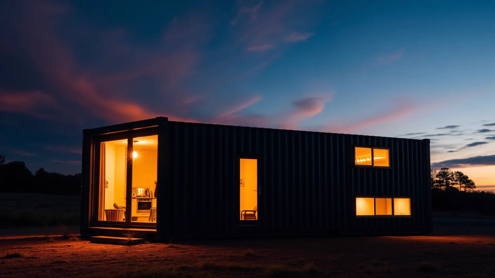 Container iluminado ao pôr do sol