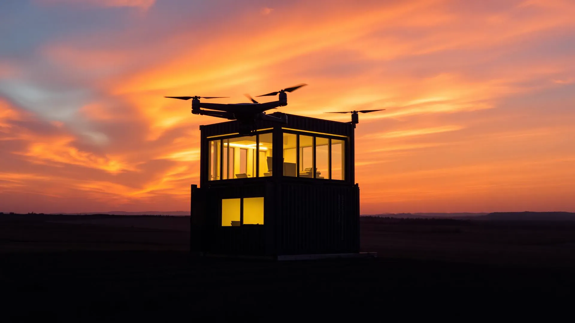 Container iluminado ao pôr do sol — próximo projeto Aurex