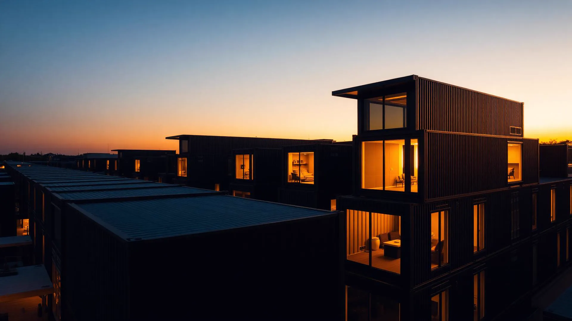 Complexo modular Aurex em container ao entardecer