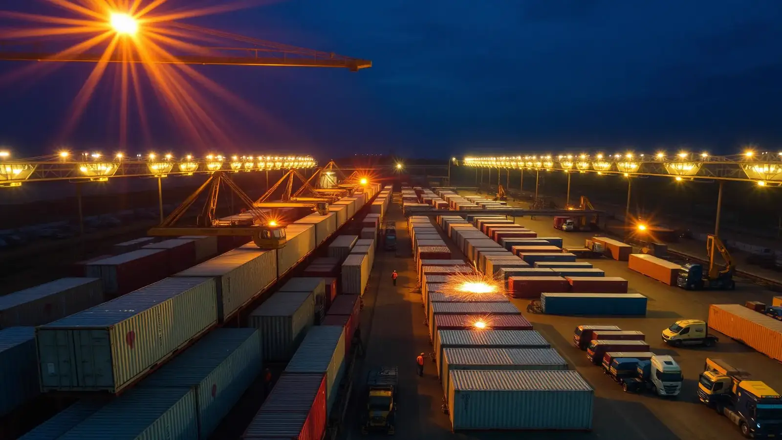 Vista aérea da fábrica Aurex — containers, guindastes e produção em operação