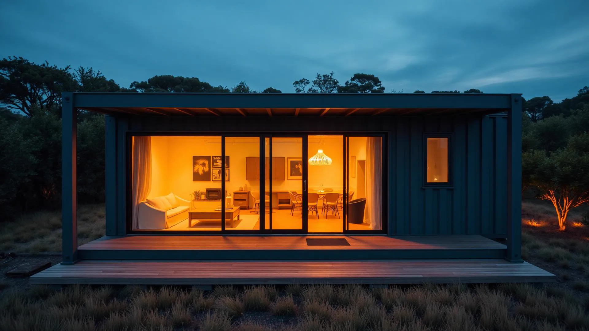 Casa container moderna ao entardecer com deck de madeira, iluminação quente e paisagismo