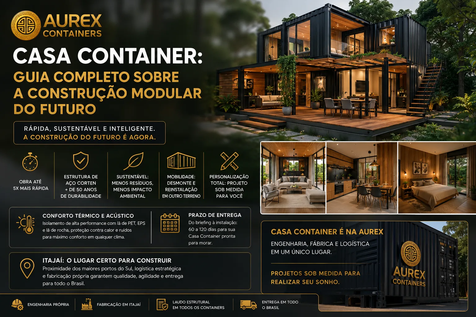 Casa Container moderna da Aurex Containers em Itajaí (SC): residência modular em aço corten com sala, cozinha e quarto integrados, mostrando obra até 5x mais rápida, sustentabilidade, mobilidade, acabamento premium e personalização total.