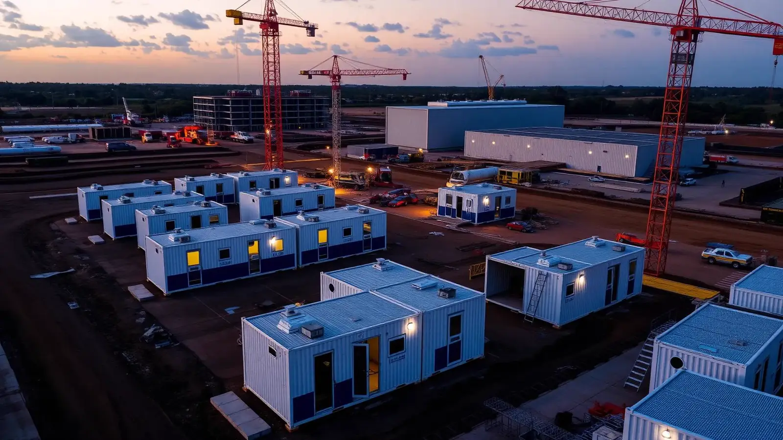 Canteiro de obras com módulos de container servindo como escritório e apoio operacional ao entardecer