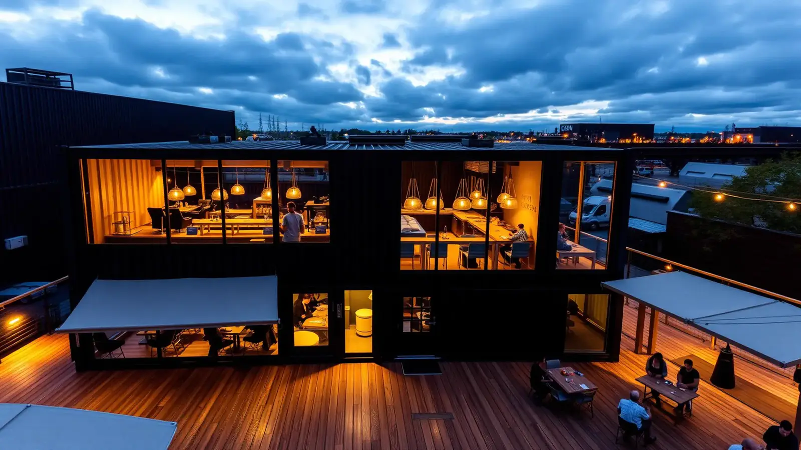 Complexo comercial em containers ao entardecer, com cafeteria, showroom e restaurante iluminados