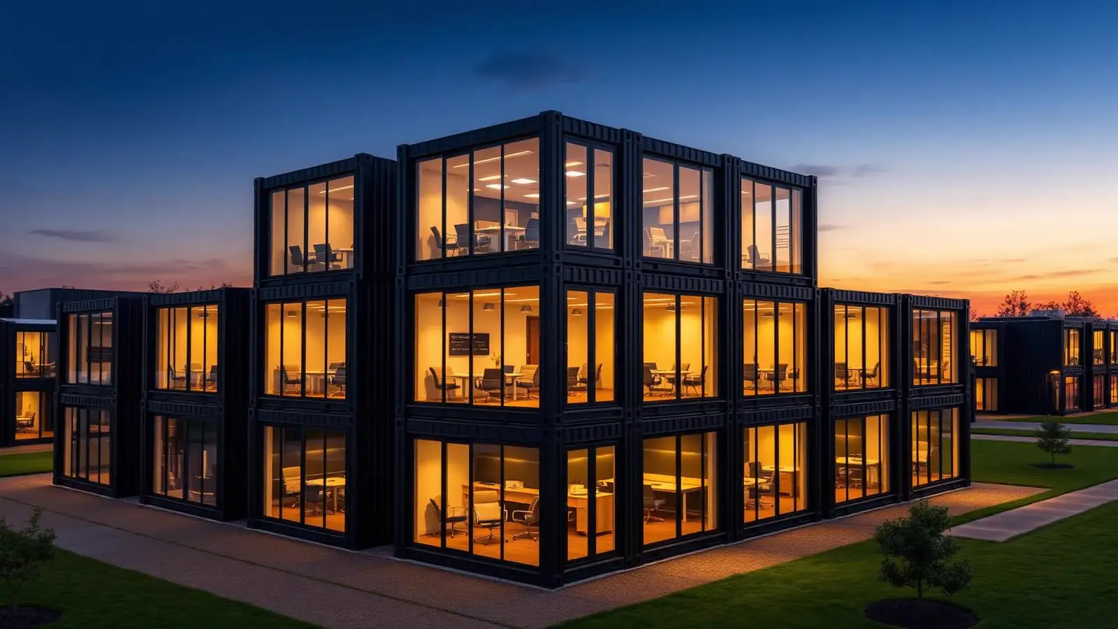 Complexo corporativo modular em containers ao entardecer, com escritórios executivos iluminados