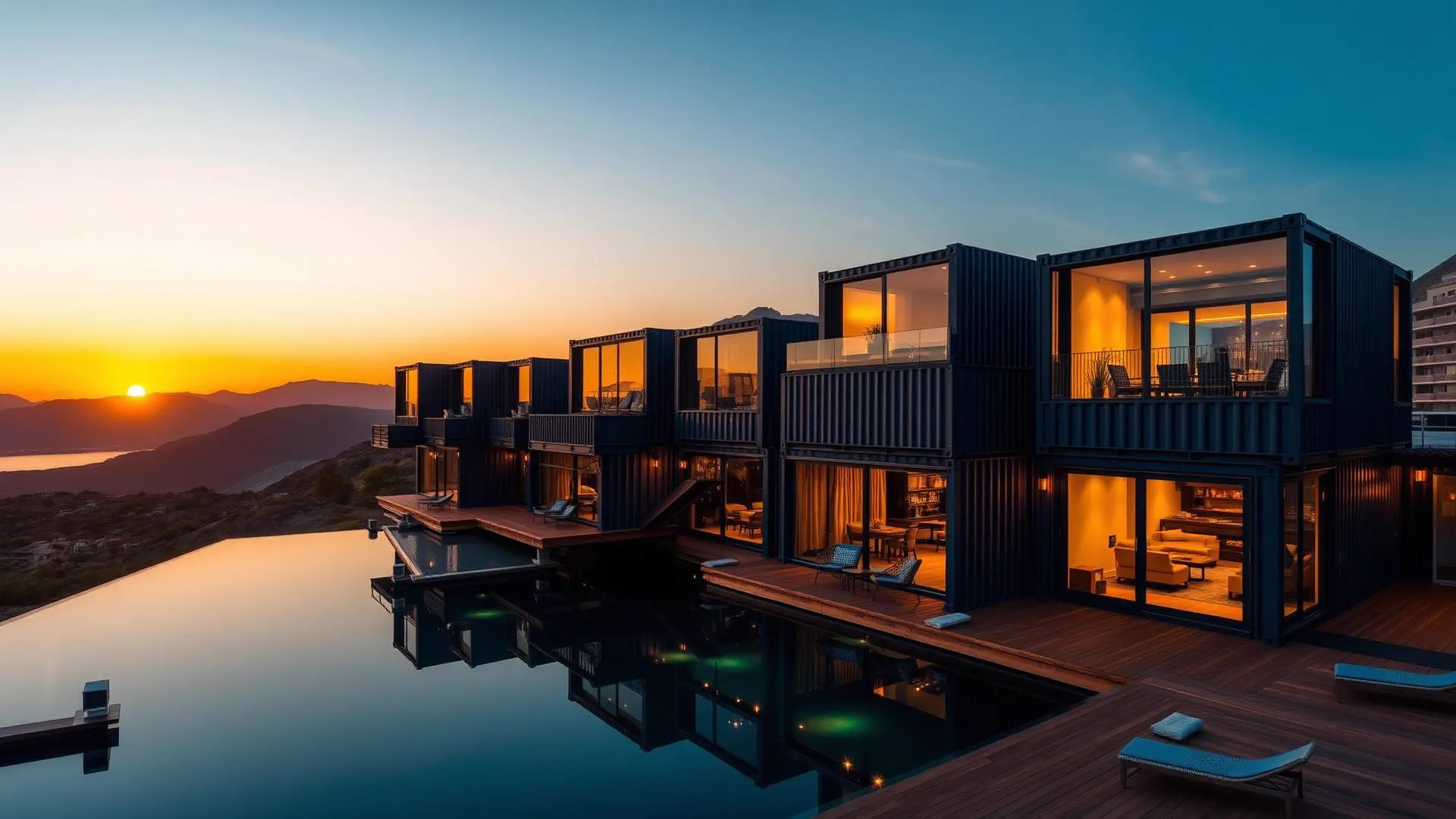 Complexo arquitetônico premium em containers ao entardecer, com piscina de borda infinita e vista para montanhas